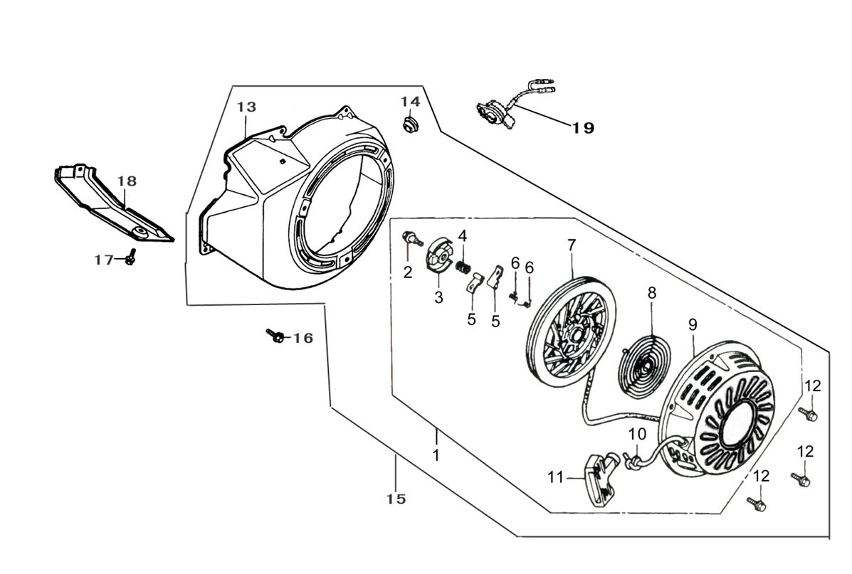 ЗАПЧАСТИ ДЛЯ МОТОПОМПЫ БЕНЗИНОВОЙ ELITECH МБ 1600 Д 100 (СТАРТЕР РУЧНОЙ)